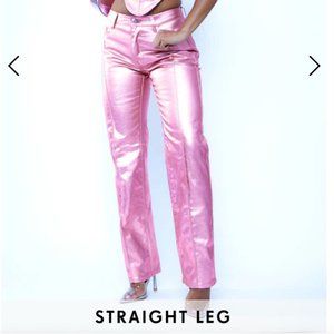 Pink Metallic Coated Denim Straight Leg Jeans